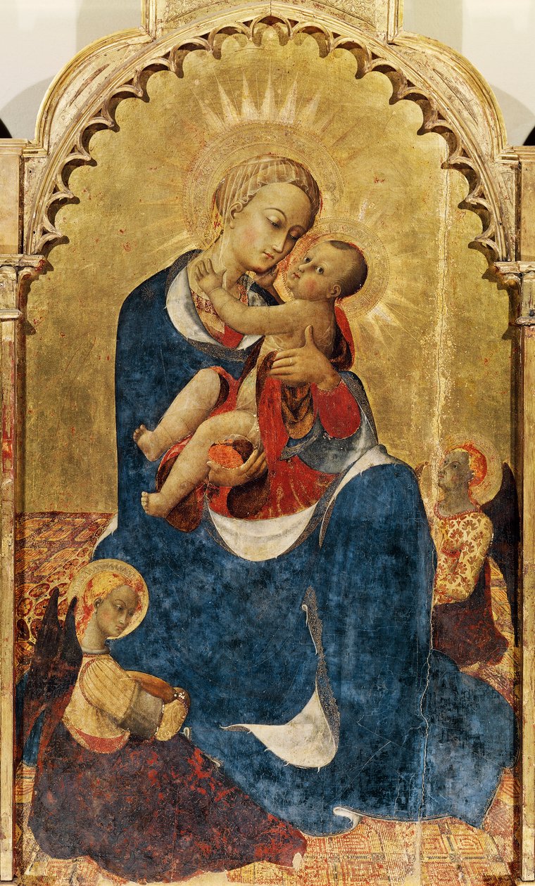 Madonna ja lapsi, Pyhän Dominikin Cortonalaisen alttaritaulun keskipaneeli, n. 1434, Sassetta (n. 1400-1450), tempera ja kulta puulla, 52x132 cm tekijältä Sassetta (c.1392 1450)
