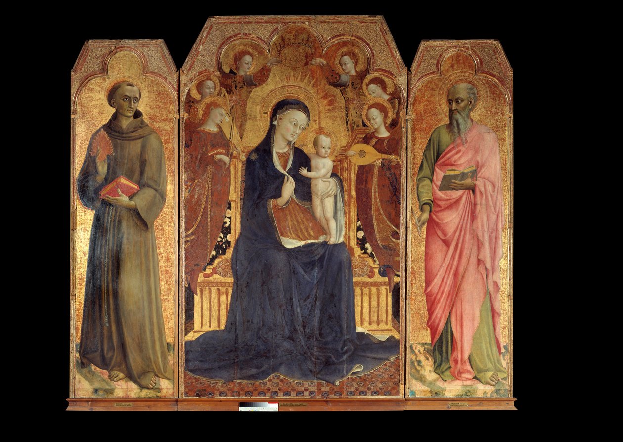 Neitsyt ja lapsi kuuden enkelin ympäröimänä. Ympärillä: Pyhä Antonius Padovalainen (san antonio di padova) ja evankelista Pyhä Johannes. Stefano di Giovanni Sassettan (1392-1450) alttaritaulu tekijältä Sassetta (c.1392 1450)