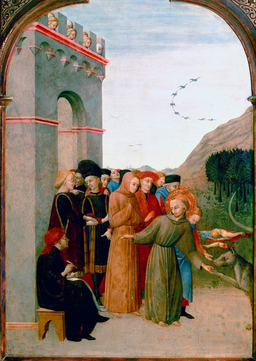 Pyhä Francois Assisilainen puhumassa Gubbion suden kanssa (yksityiskohta) (munan tempera poppelitaululla) tekijältä Sassetta (c.1392 1450)