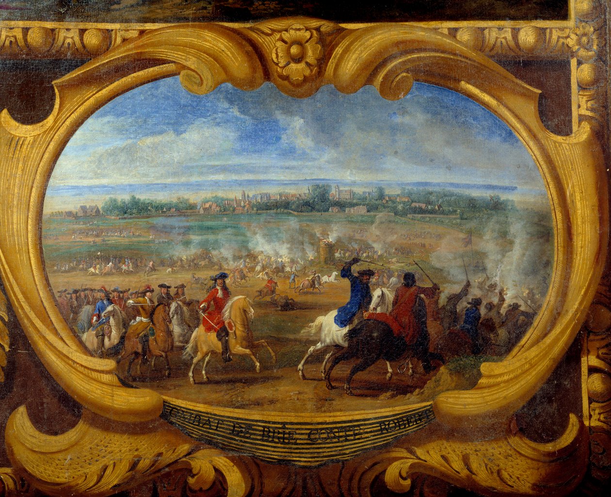 Louis II:n Bourbon Conden prinssi (Bourbon-Conde) teot, jotka tunnetaan nimellä Grand Conde (1621-1686), Brien taistelu kreivi Robert Detail, Vapahtaja Le Conten maalaus (Leconte, Le Comte, Lecomte) (1659-1694) 1600-luvun Chantilly, Musee Conde tekijältä Sauveur Le Conte