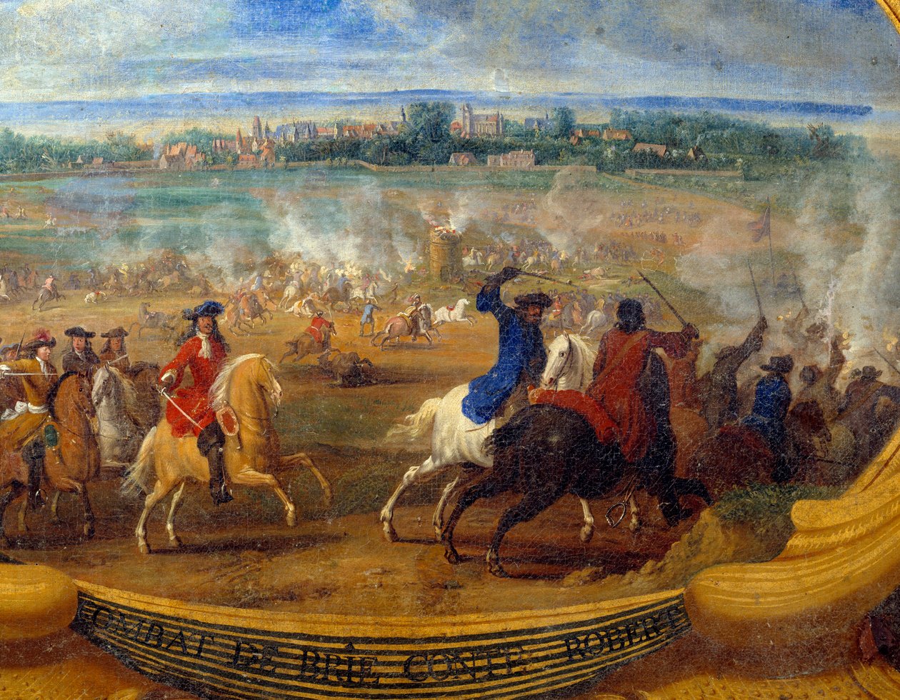 Louis II:n Bourbon Conden prinssi (Bourbon-Conde) teot, jotka tunnetaan nimellä Grand Conde (1621-1686), Brien taistelu kreivi Robert Detail, Vapahtaja Le Conten maalaus (Leconte, Le Comte, Lecomte) (1659-1694) 1600-luvun Chantilly, Musee Conde tekijältä Sauveur Le Conte