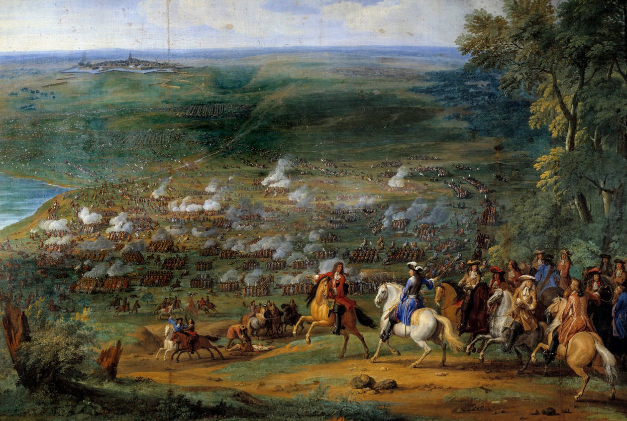 Kolmikymmenvuotinen sota: "" Näkymä Rocroyn (Rocroin) taistelusta 19.5.1643 Enghienin herttuan ranskalaisia joukkoja ja Francisco de Melon espanjalaisia joukkoja vastaan" Yksityiskohta, Sauveur Le Conten (Leconte) maalaus , Le Comte, Lecomte) (1659-1694) tekijältä Sauveur Le Conte