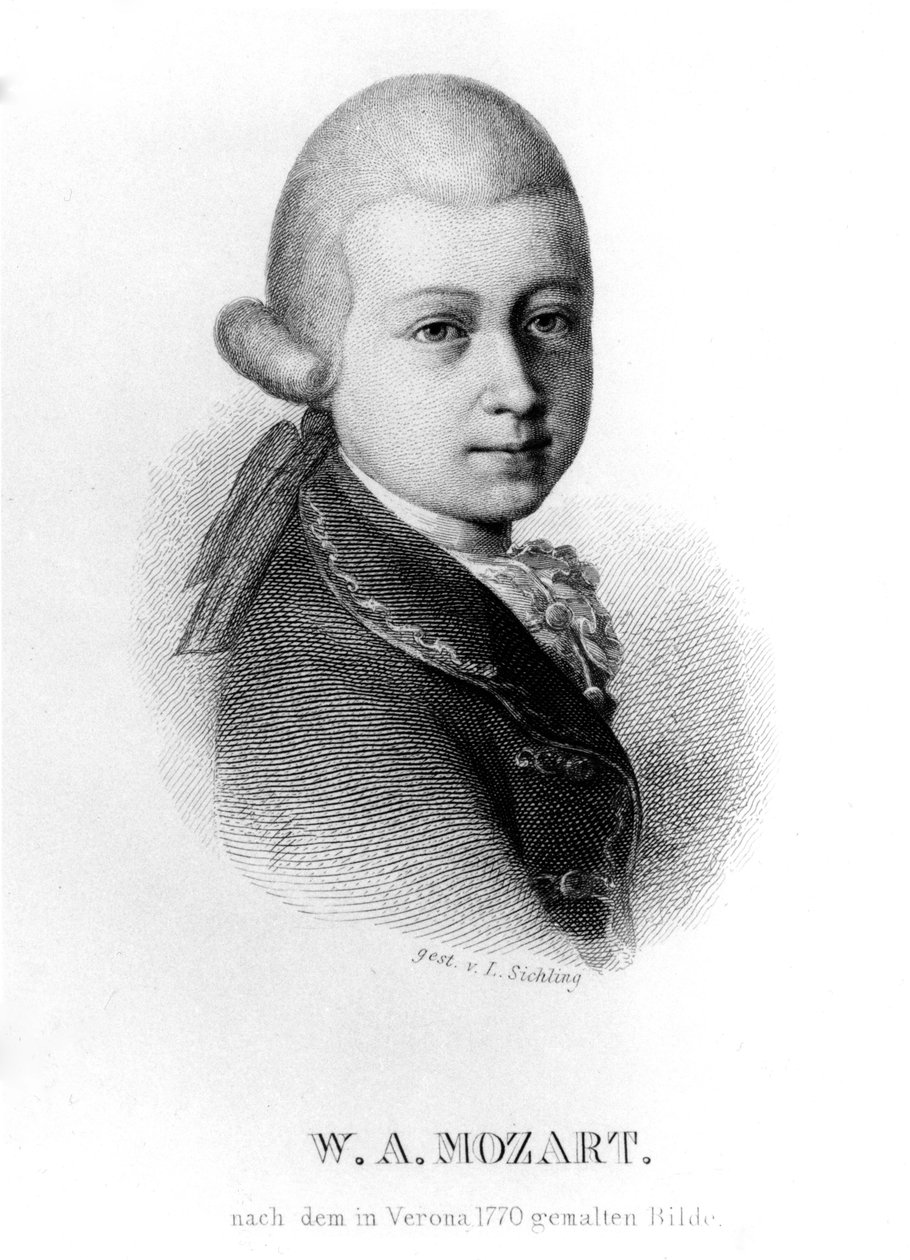 Wolfgang Amadeus Mozart vuonna 1770, kaiverrus Lazarus Sichling tekijältä Saverio dalla Rosa