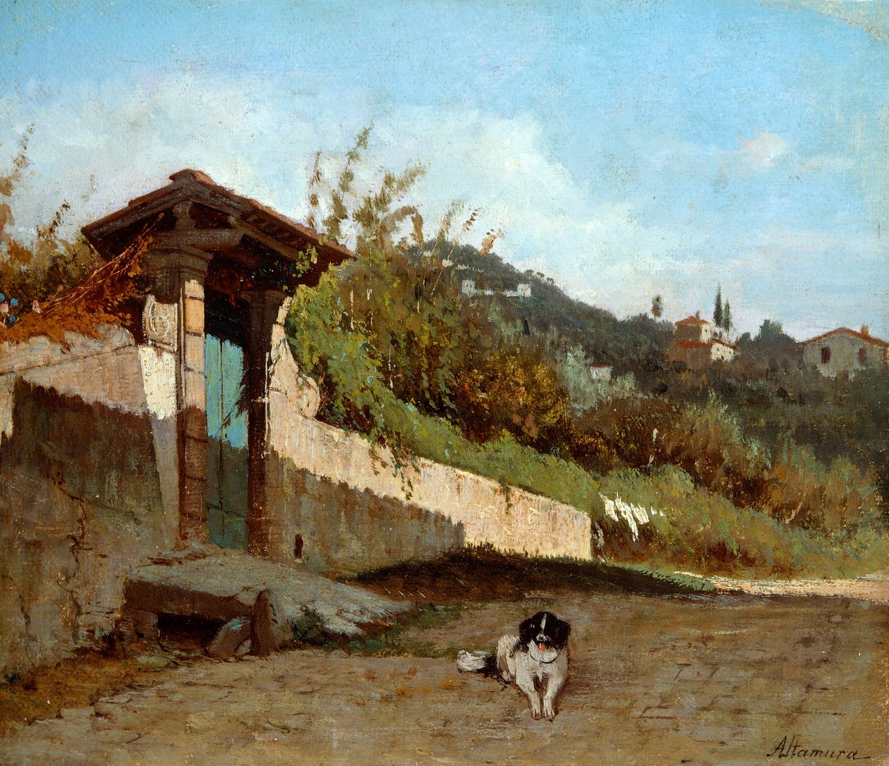 Toscanan huvilan portiikko, Francesco Saverio Altamura (1826-1897), öljy kankaalle, 23x27 cm. tekijältä Saverio Altamura