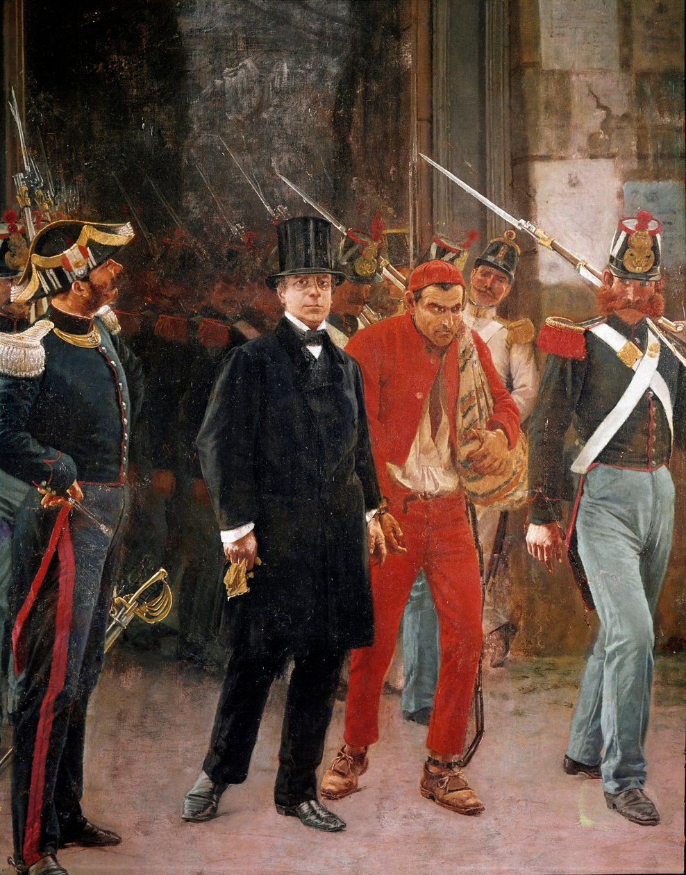 Risorgimento: "" italialaisen patriootin ja poliitikon Carlo Poerion (1803-1867) pidätys "Francesco Saverio Altamura (1822-1897) maalaus Napoli, San Martinon kansallismuseo tekijältä Saverio Altamura