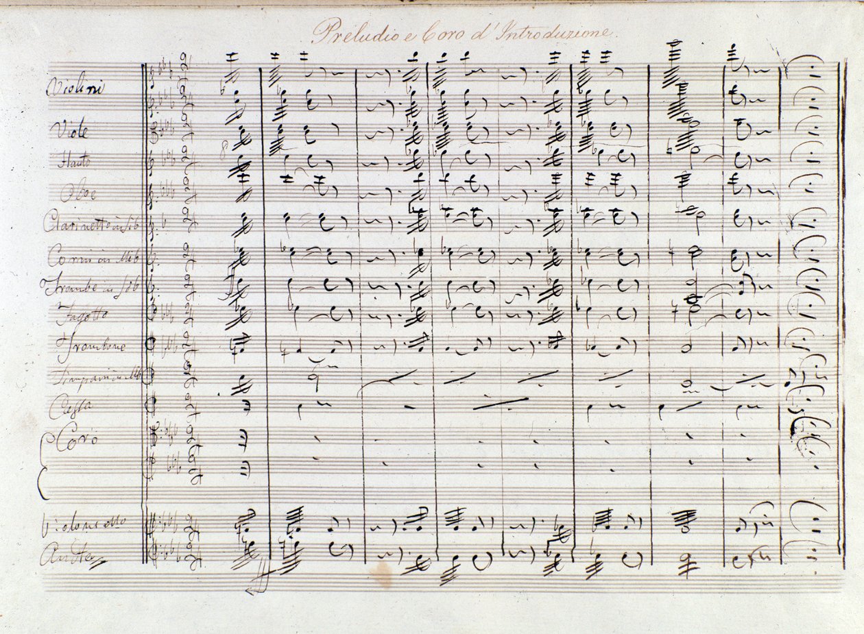 Ensimmäinen sivu Mercadanten oopperan Il bravo (1842) alkusoittosta tekijältä Saverio Mercadante