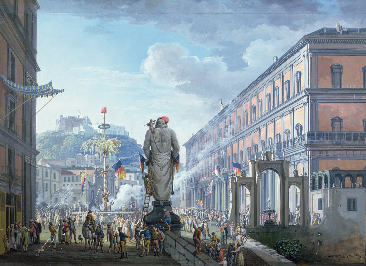 Palazzo Reale, sillä hetkellä, kun vapaudenpuu kaadettiin ja englantilaiset ohjasivat joukkoja joukkoja vuonna 1799, 1800 tekijältä Saviero Xavier della Gatta