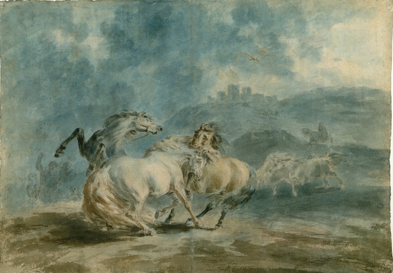 Horses Fighting (wc grafiitin päällä raskaan tekstuuripaperin päällä) tekijältä Sawrey Gilpin