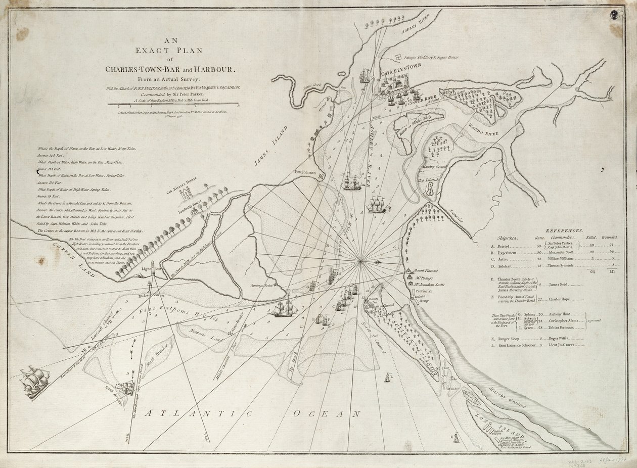 Charles Townin baarin ja sataman tarkka suunnitelma, joka on peräisin Sir Peter Parkerin komentaman Hänen Majesteettinsa laivueen hyökkäyksestä Sullivanin linnakkeeseen 28. kesäkuuta 1776. tekijältä Sayer & Bennett
