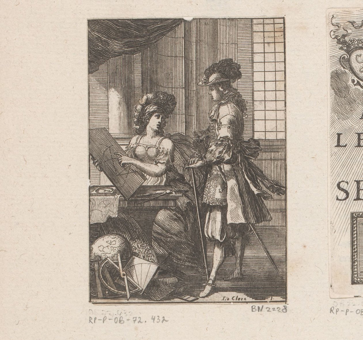 Geometria ja nuori mies geometrisella piirustuksella Nimisivu: Pratique de la géometrie, sur le papier et sur le terrain (...), 1669 tekijältä Sébastien Leclerc (I)