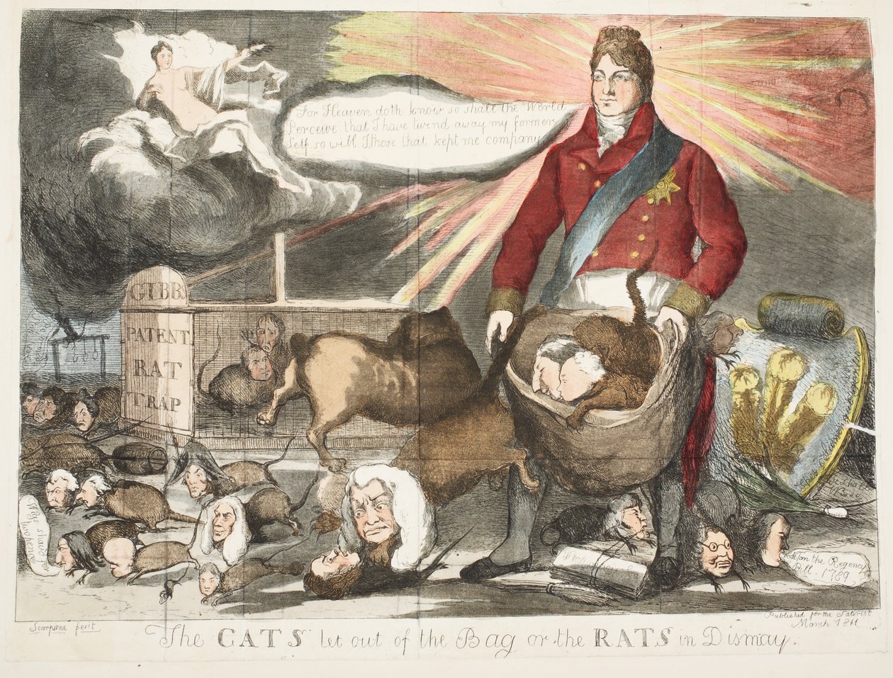 Pussista ulos päästetyt kissat tai tyrmistyneet rotat, pubi maaliskuu 1811 (käsinvärinen etsaus) tekijältä Scarpione