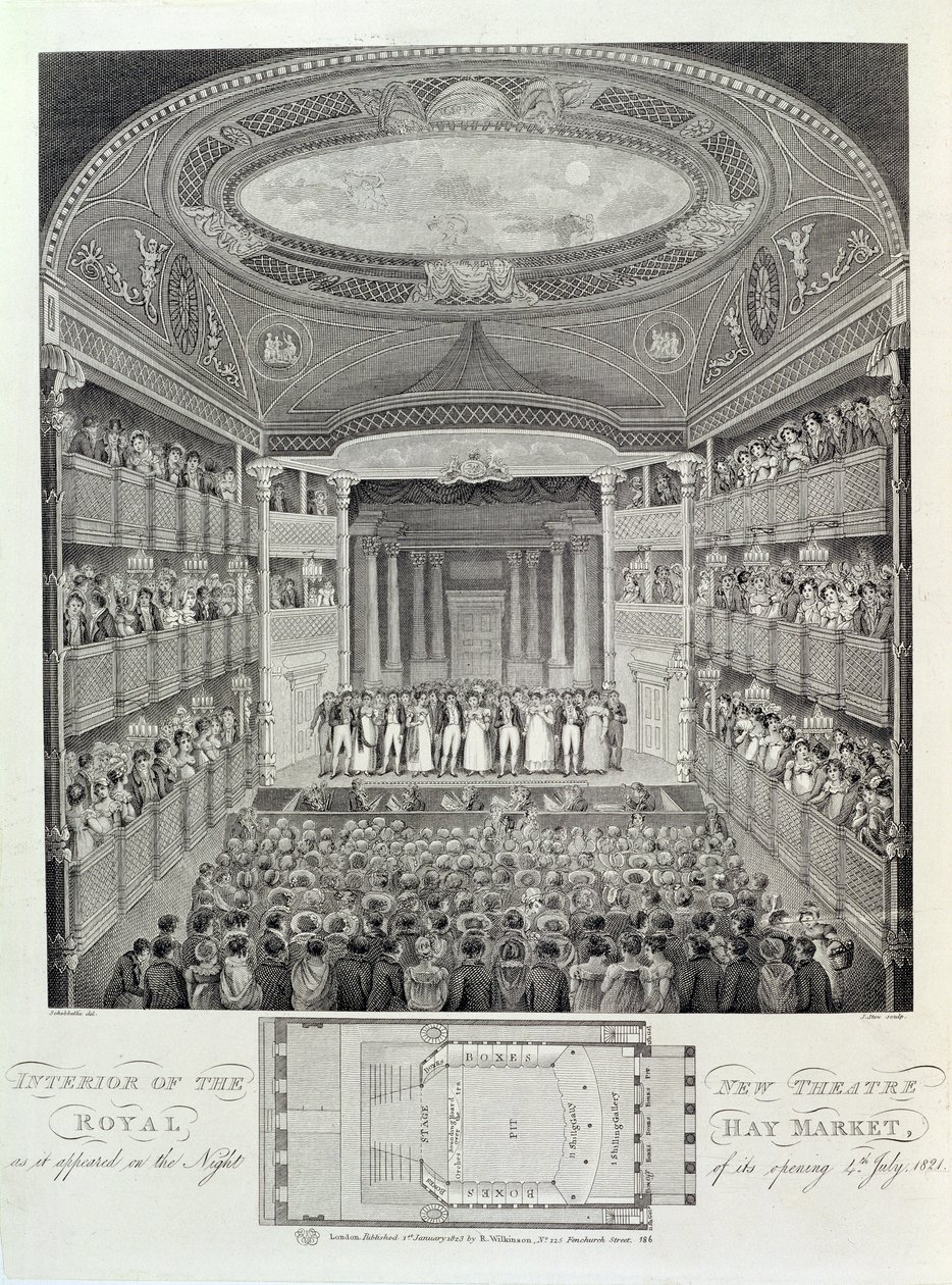 Haymarketin uuden teatterin sisustus, sellaisena kuin se ilmestyi avajaisiltana, 4. heinäkuuta 1821, kaiverrettu James Stow (n. 1770-s. 1823), 1823 tekijältä Schebbellie