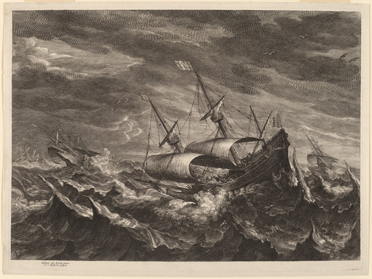 Purjeveneitä myrskyssä tekijältä Schelte Adams Bolswert after Andries van Eertvelt