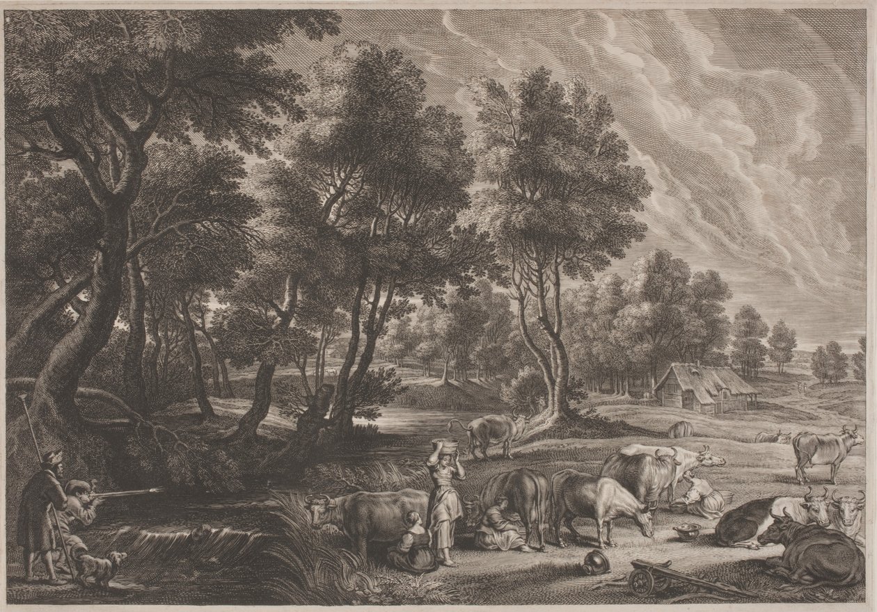 Maatilamaisema metsästäjien ja maitoneitojen kanssa tekijältä Schelte Adams Bolswert, after Sir Peter Paul Rubens