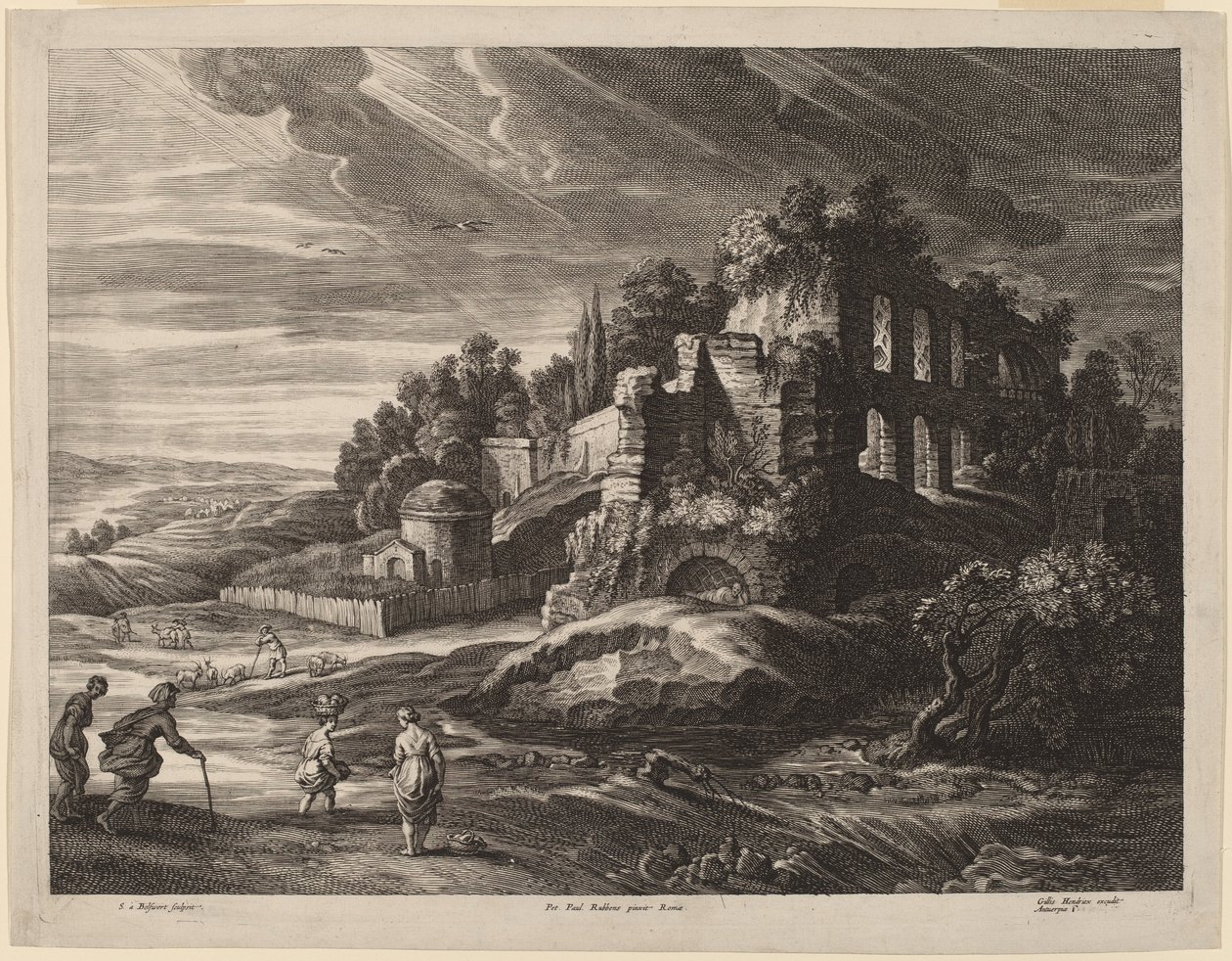 Maisema suurten roomalaisten raunioiden kanssa tekijältä Schelte Adams Bolswert after Sir Peter Paul Rubens