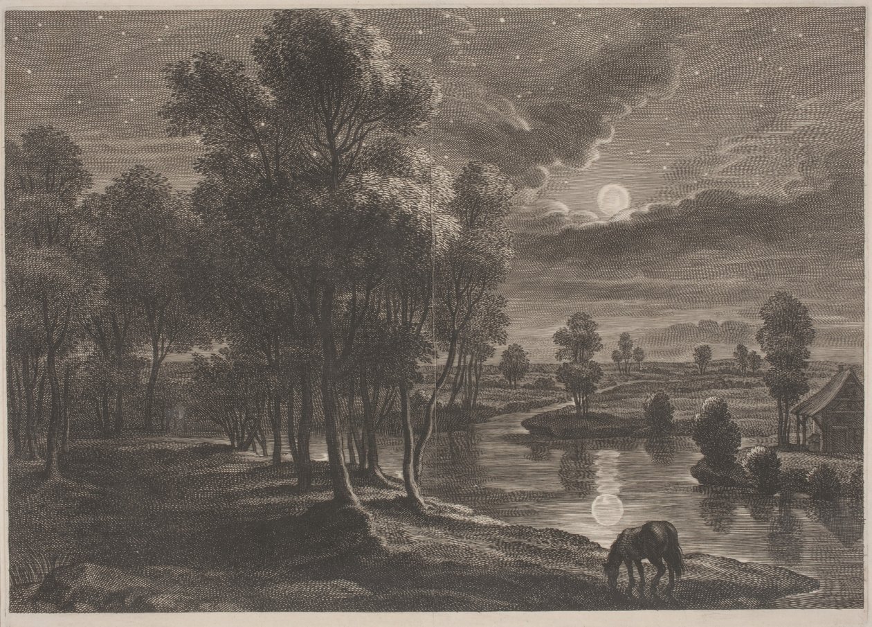 Kuutamoinen jokimaisema tekijältä Schelte Adams Bolswert, after Sir Peter Paul Rubens