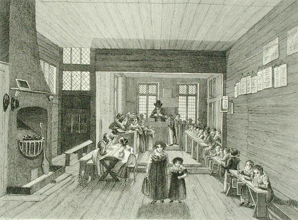 Sisäkuva koulusta, joka on yhteydessä John Bunyans Meeting Houseen Zoar Streetillä, Southwarkissa, kaiverrettu Dale, 1822 (katso myös 192751) tekijältä Schnibbelee after Schnibbelee after