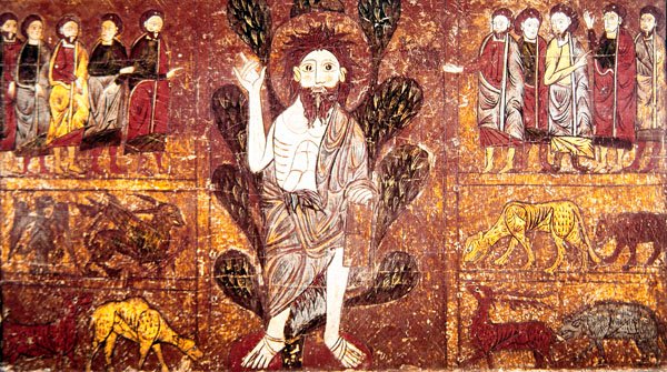 Pyhä Johannes Kastaja saarnaa autiomaassa ja villieläinten ympäröimänä Geseran alttarilta, 1200-luku tekijältä School of Aragon