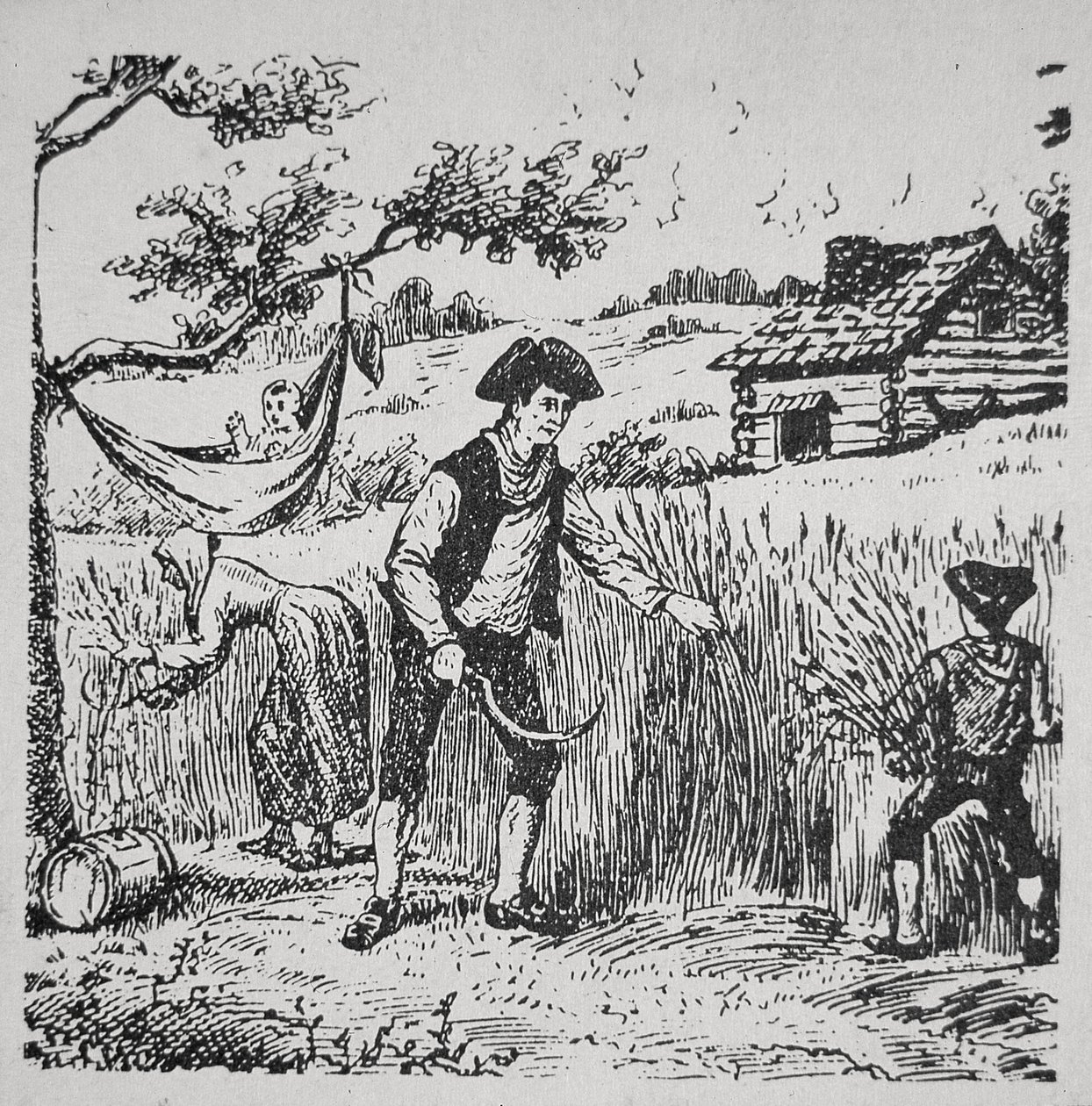 Perhe korjuu maissia (litho) tekijältä School American