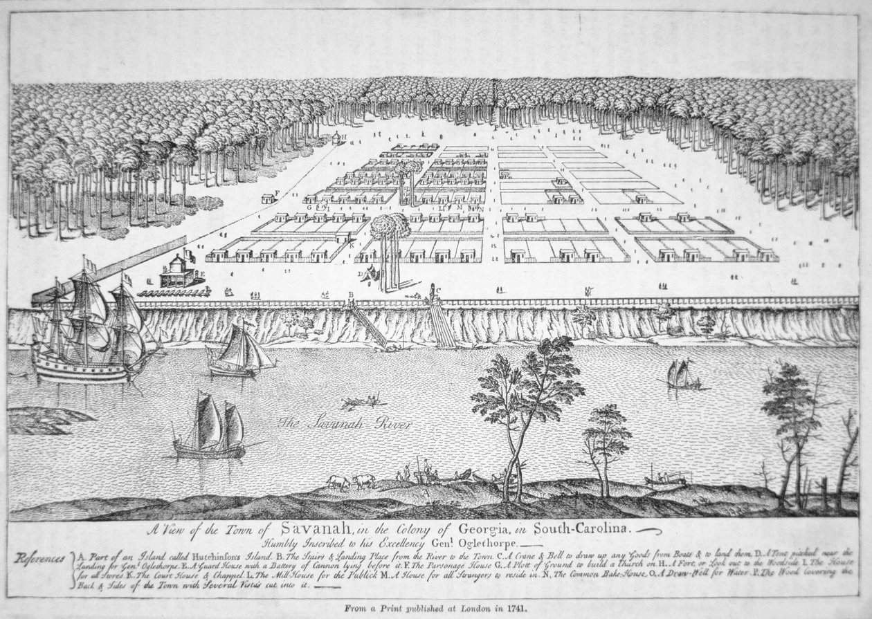 Näkymä Savannahista, Georgiasta vuonna 1741 (litho) tekijältä School American
