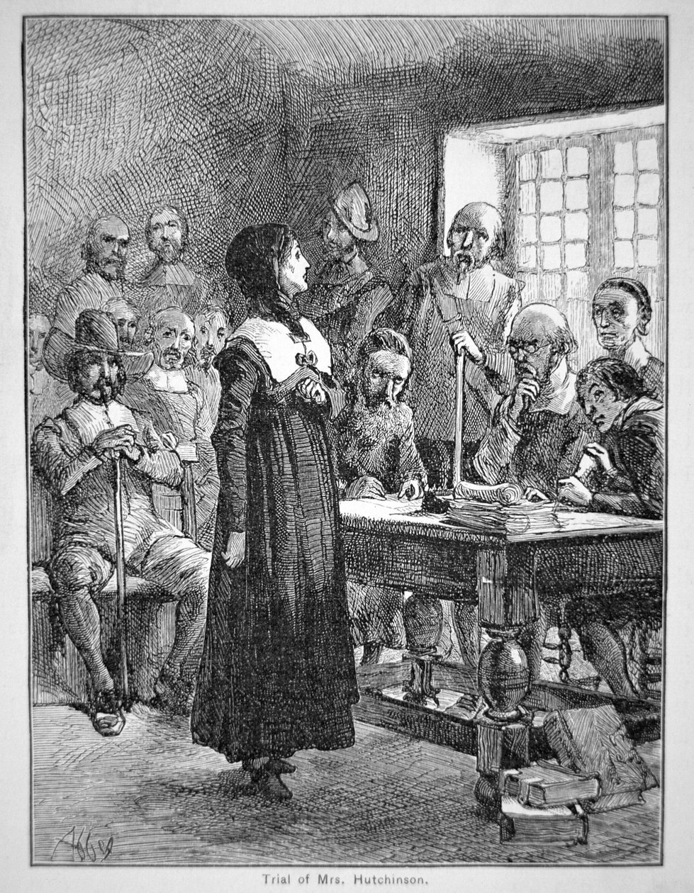 Anne Hutchinson on oikeudenkäynnissä puritaanisen papiston loukkaamisesta Massachusettsissa (litho) tekijältä School American