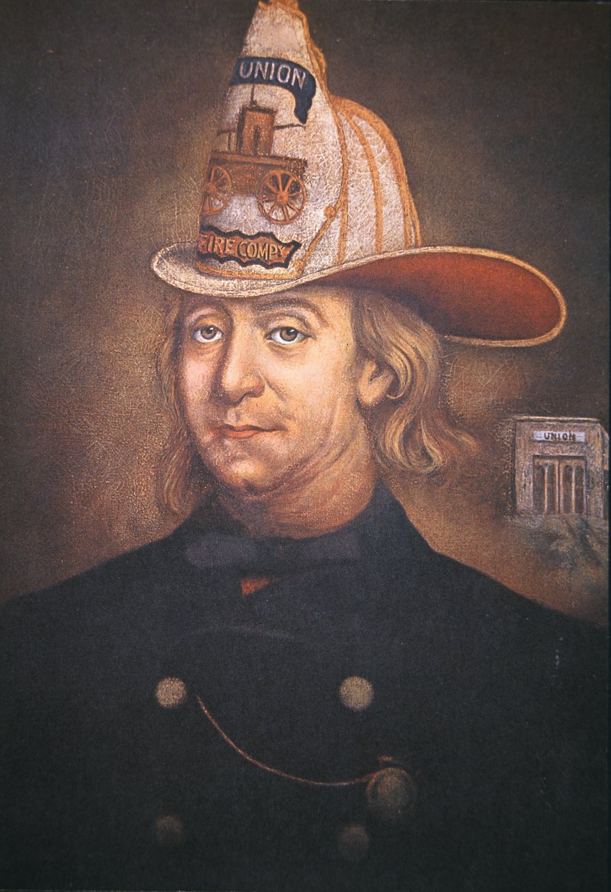 Benjamin Franklin yllään Union Fire Companyn univormussa, jonka hän perusti Philadelphiaan vuonna 1736 (väri litho) tekijältä School American