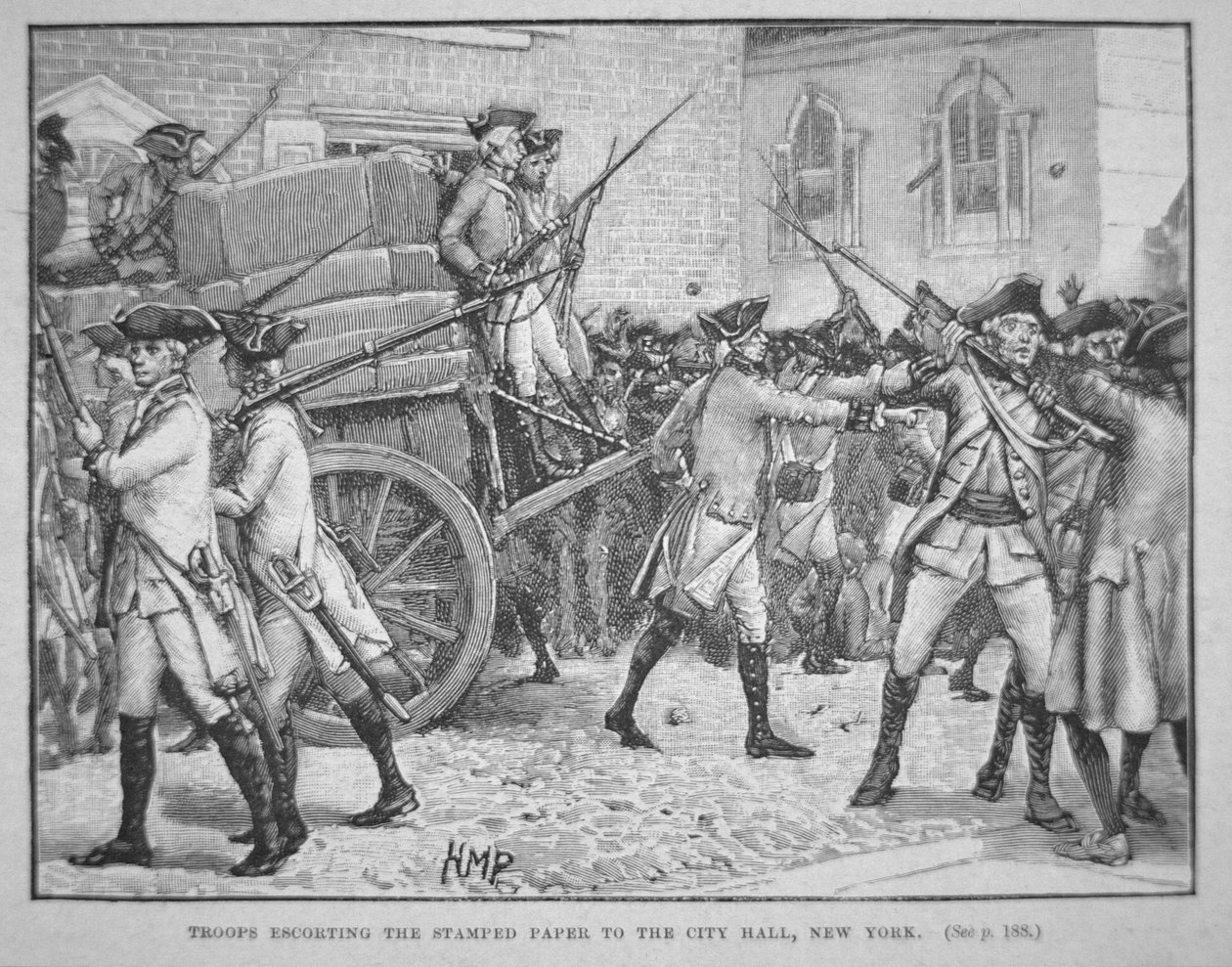 Brittijoukot saattamassa leimattua paperia New Yorkin kaupungintalolle (litho) tekijältä School American