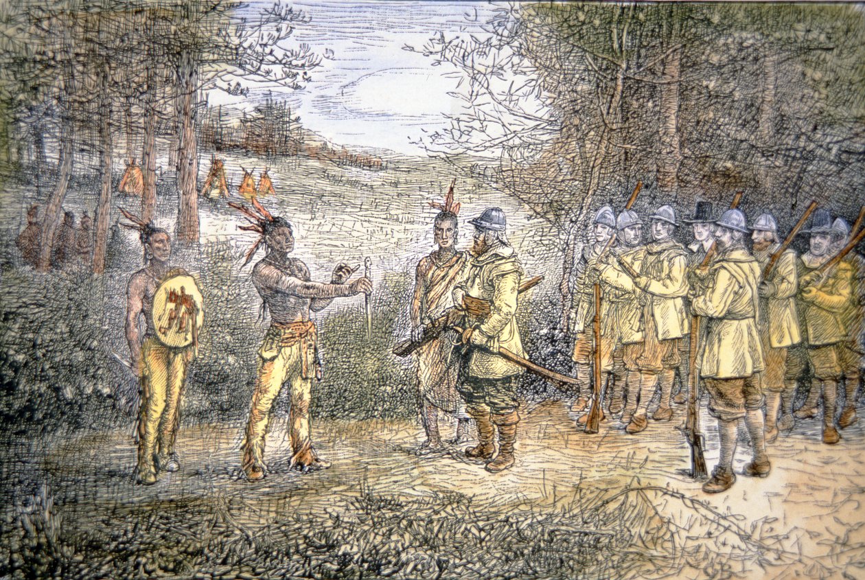 Kapteeni Miles Standish käy kauppaa Wampanoag-intiaanien kanssa vuonna 1621 (väri litho) tekijältä School American