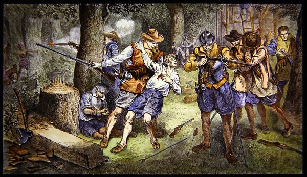 Pikkulasten asutuksen puolustaminen intiaanien hyökkäyksiä vastaan Jamestownin siirtokunnassa Virginiassa vuonna 1607 (väri litho) tekijältä School American