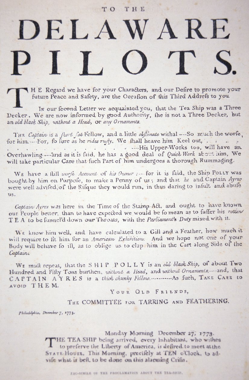 Filadelphia-patrioottien Delawaren lentäjille antaman julistuksen telefaksi, joka varoittaa heitä olemasta tekemisissä brittiläisen teelaivan kanssa, 7. joulukuuta 1773 (litho) tekijältä School American