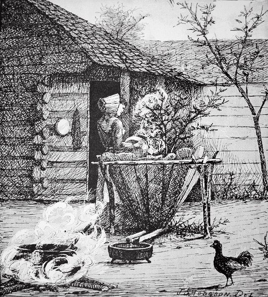 Maatilakohtaus - nainen pesualtaassa J. S. Hodgsonin (litho) kuvituksen jälkeen tekijältä School American