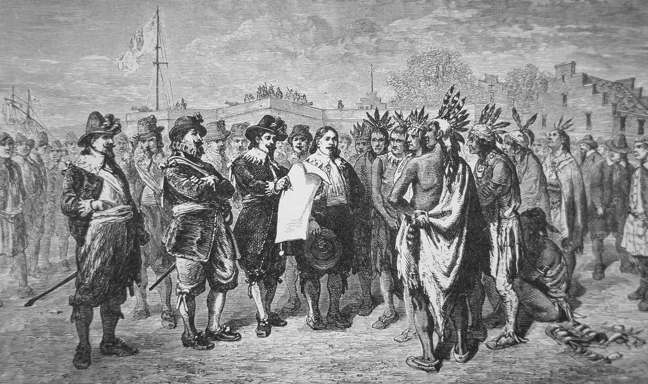 Kuvernööri Kieft tekee rauhan intiaanien kanssa vuonna 1646 (litho) tekijältä School American