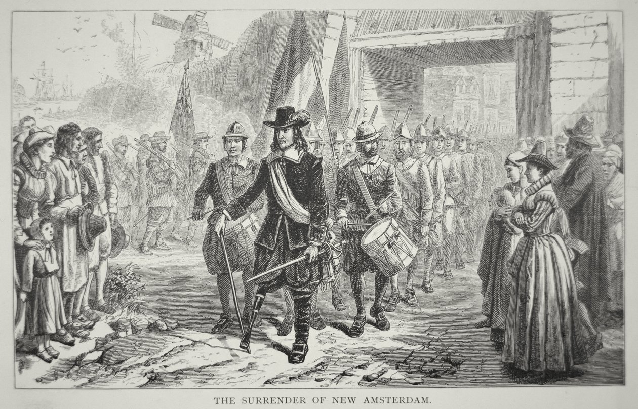 Kuvernööri Peter Stuyvesant luovuttaa New Amsterdamin briteille vuonna 1664 (litho) tekijältä School American