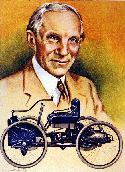 Henry Ford ja hänen ensimmäinen autonsa vuodelta 1896 (väri litho) tekijältä School American