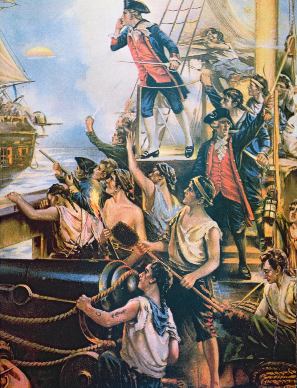 "En ole vielä alkanut taistella", Jones huutaa uhmattomasti aluksestaan Bonhomme Richard HMS Serapisille, 23. syyskuuta 1779 (väri litho) tekijältä School American