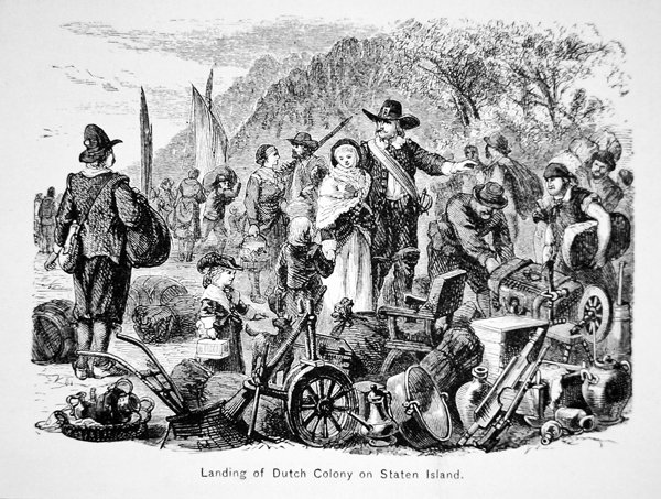 Hollantilaisten siirtolaisten laskeutuminen Staten Islandille, New Yorkiin (litho) tekijältä School American
