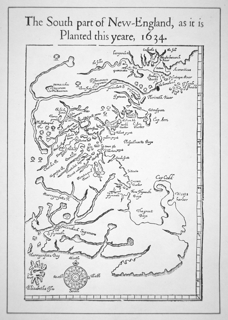 Kartta, mukaan lukien Massachusetts Bay (litho) tekijältä School American
