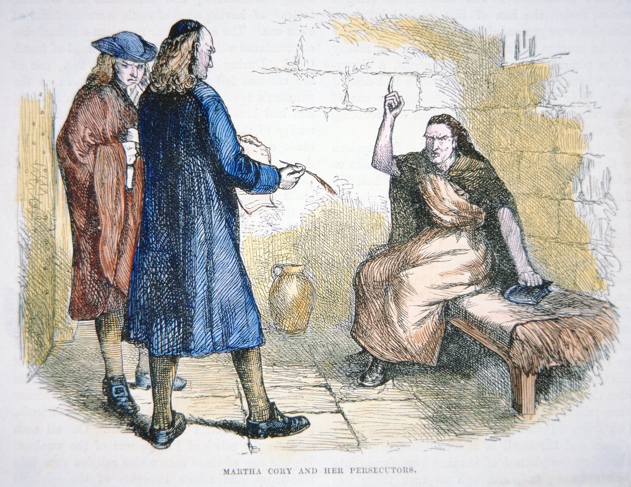 Martha Coreyta syytetään noituudesta Salemin noitaoikeudenkäynnissä vuonna 1692 (värilitho) tekijältä School American