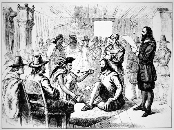 Massasoit, Wampanoag-kansan päällikkö, laajentaa rauhanpiippua John Carverille vuonna 1621 (litho) tekijältä School American