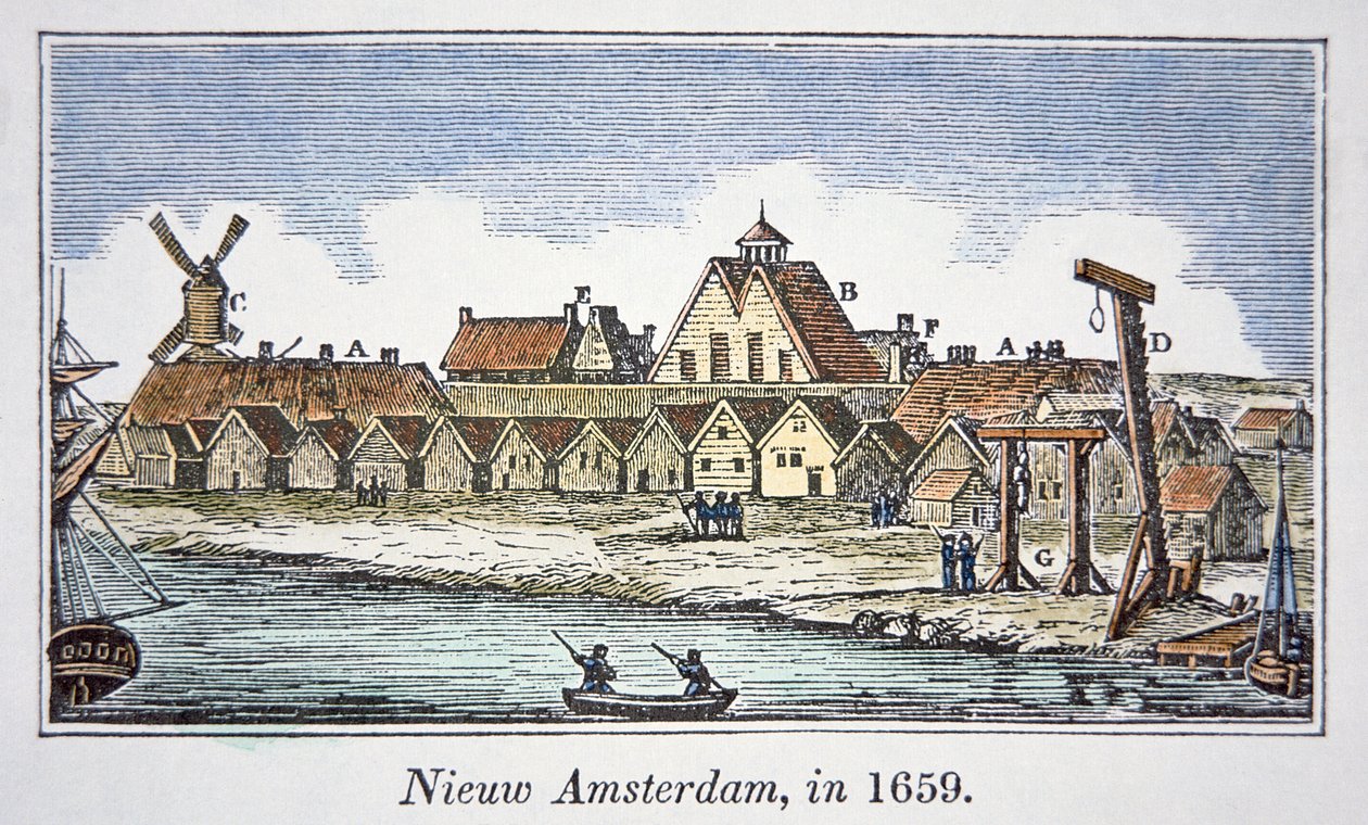 New Amsterdam (myöhemmin New York) Manhattan Islandilla, vuonna 1659 julkaistusta kuvasta (väri litho) tekijältä School American