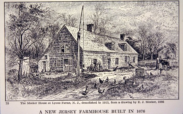 New Jerseyn maalaistalo, rakennettu vuonna 1676, E. J. Meekerin (litho) vuonna 1886 tekemän piirustuksen jälkeen tekijältä School American
