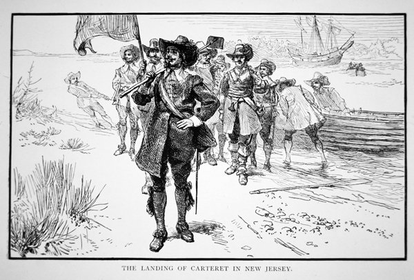 Philip Carteret laskeutuu entiseen Hollannin siirtokuntaan New Jerseyyn vuonna 1664 (litho) tekijältä School American