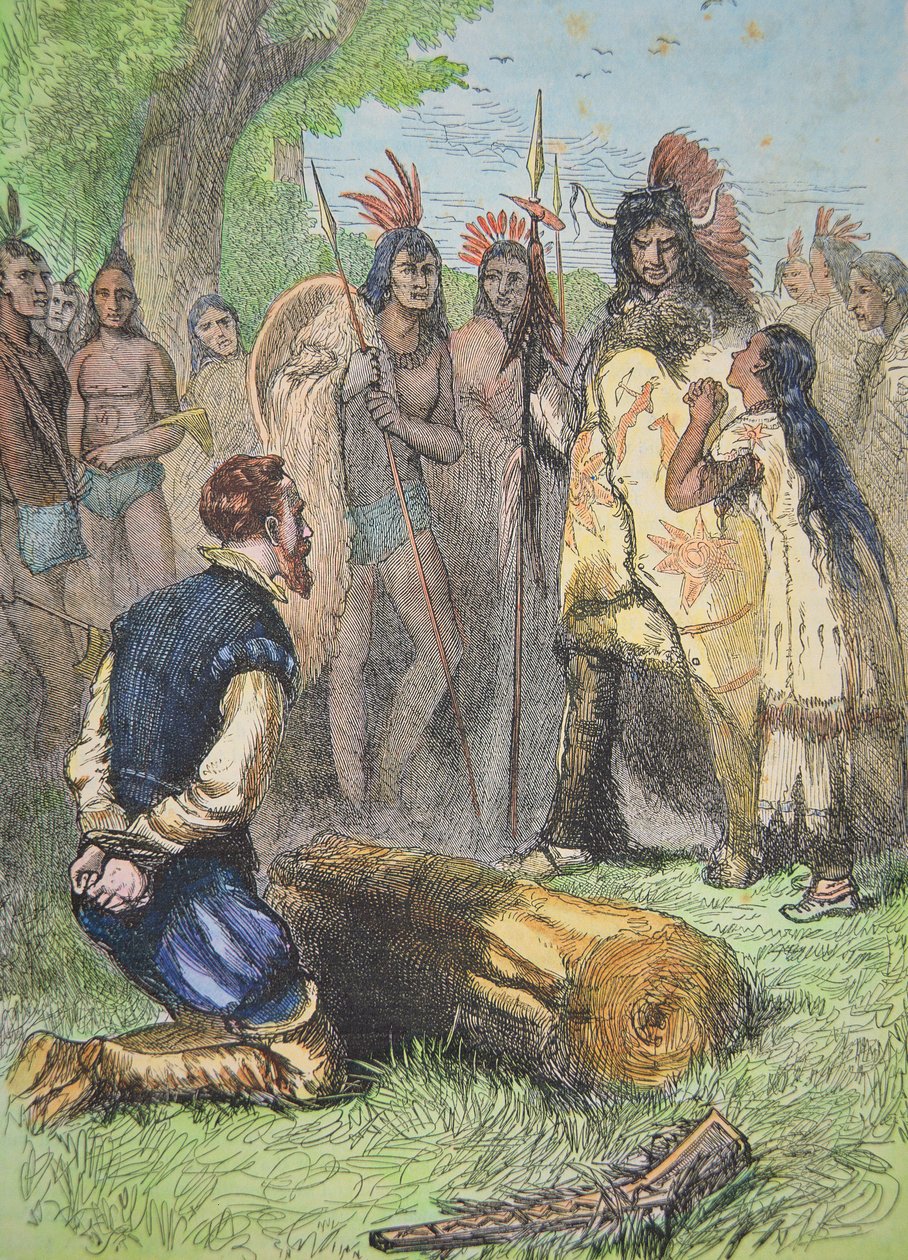 Pocahontas pelastaa John Smithin hengen (värikaiverrus) tekijältä School American