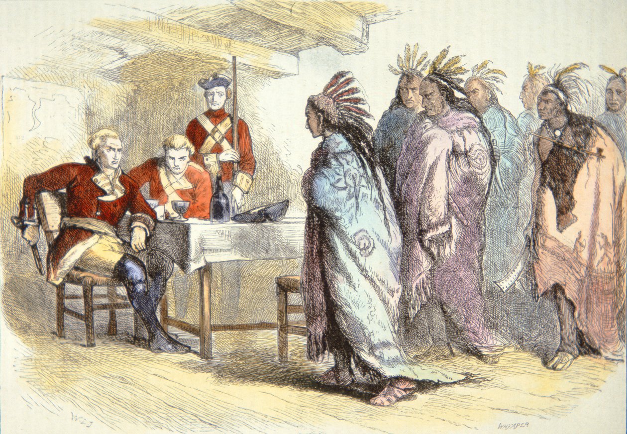 Pontiac vierailee majuri Gladwinin luona Fort Detroitissa vuonna 1763 (väri litho) tekijältä School American