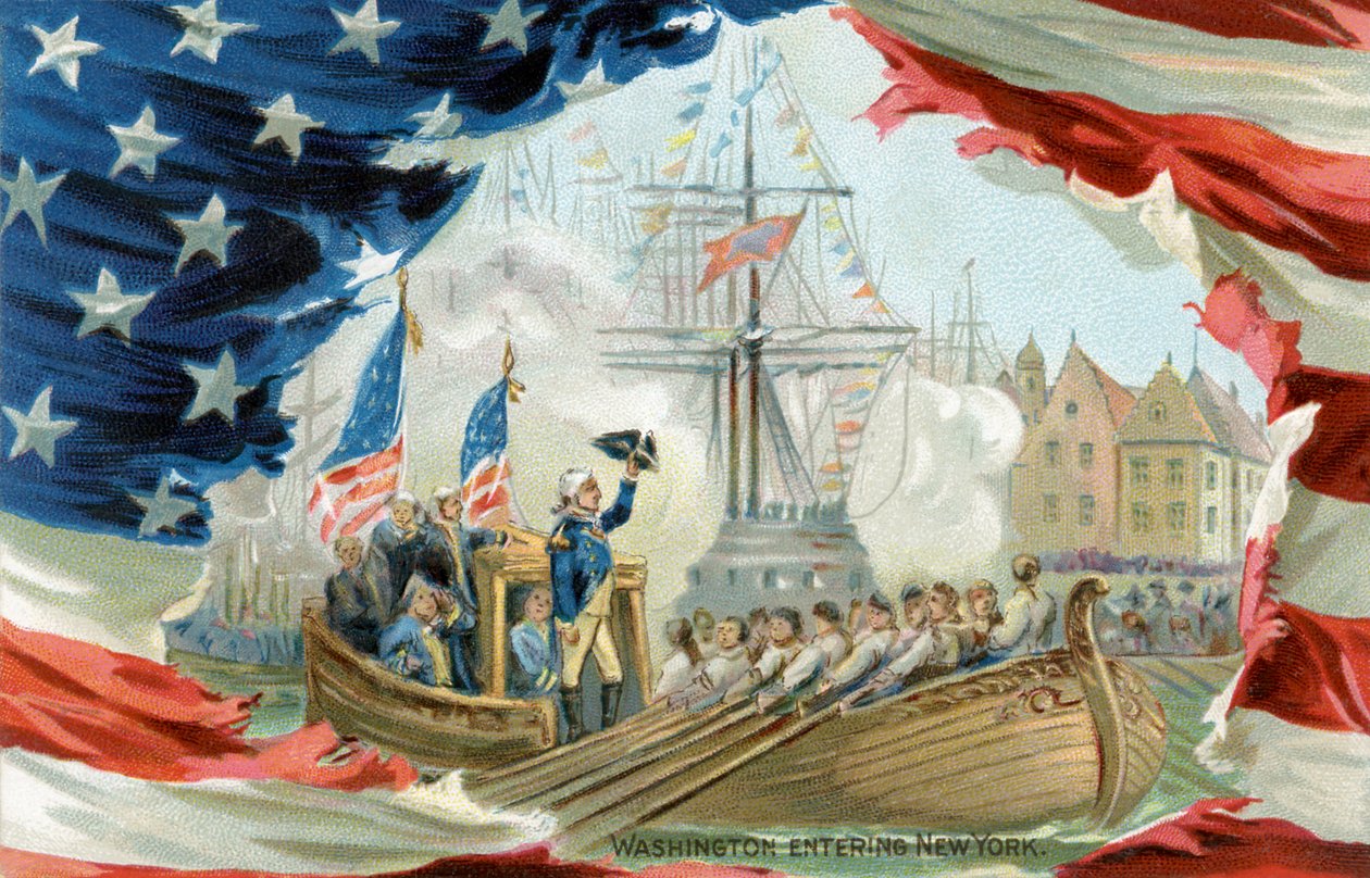 Postikortti, jossa George Washington saapuu New Yorkiin (painettu). tekijältä School American