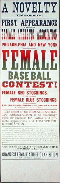 Naisten baseball-peliä mainostava juliste (värilitho) tekijältä School American