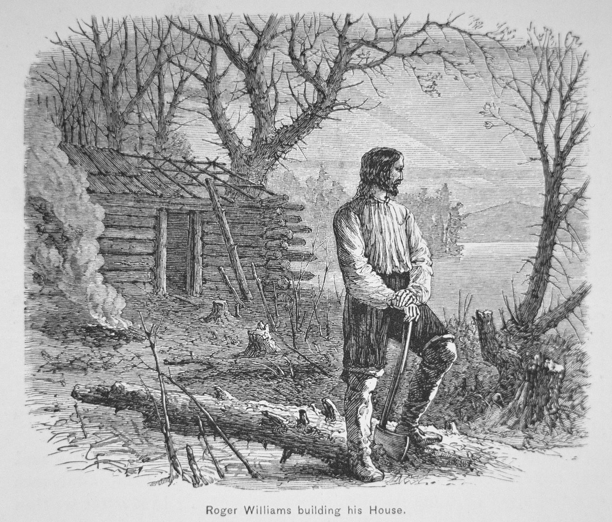 Roger Williams rakentaa mökin Seekonk-joelle (litho) tekijältä School American