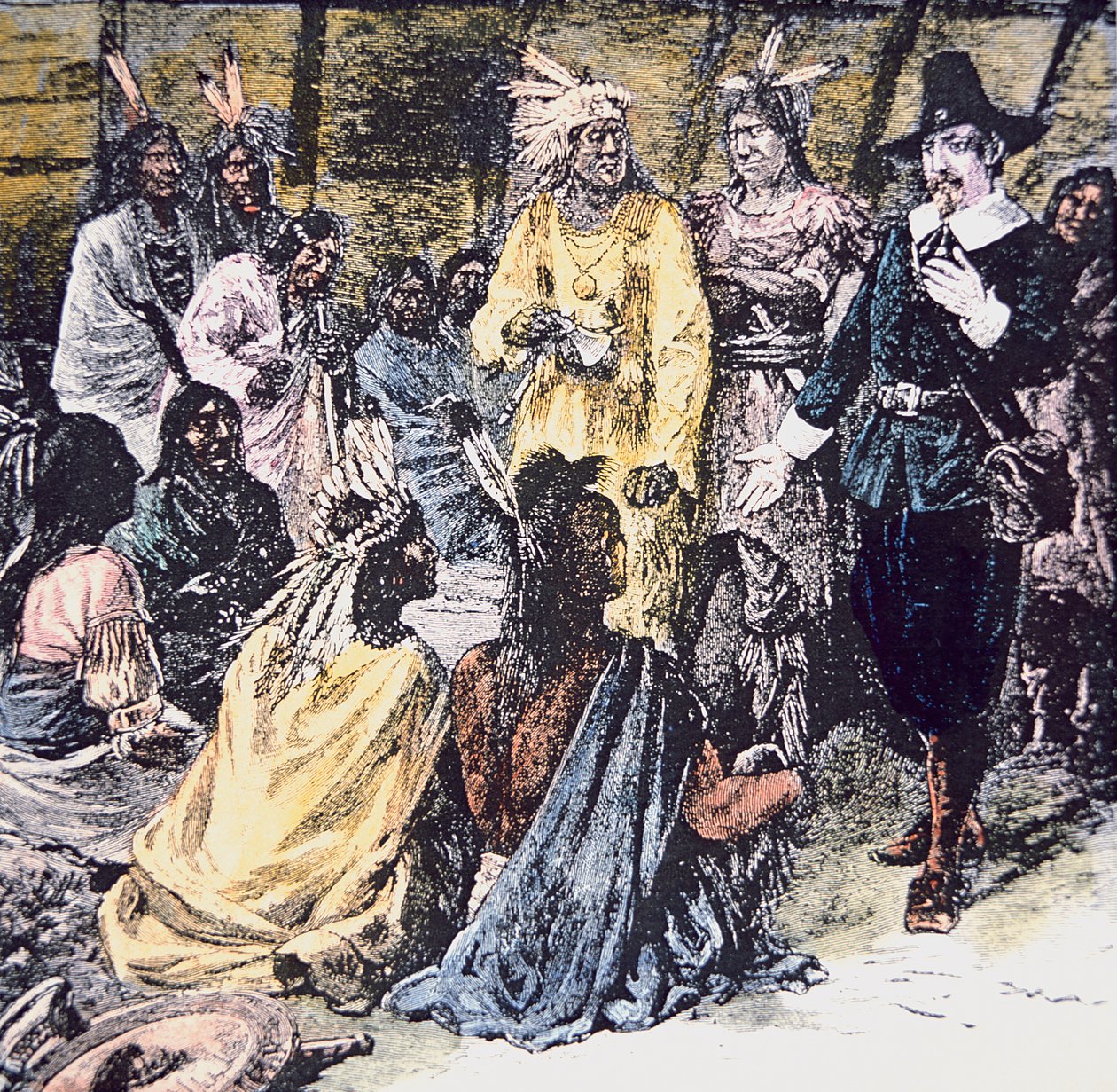 Roger Williams ostaa vaaditun maan Narragansett Indiansilta (väri litho) tekijältä School American