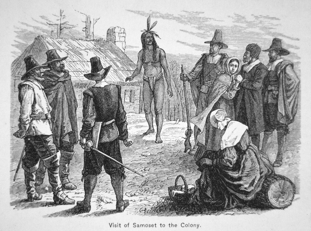 Samoset, pemaquidien päällikkö vierailee pyhiinvaeltajien isien luona vuonna 1621 (litho) tekijältä School American
