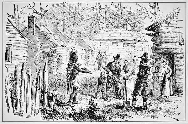Pemaquidien päällikkö Samoset vierailee pyhiinvaeltajaisien luona vuonna 1621 (litografia). tekijältä School American